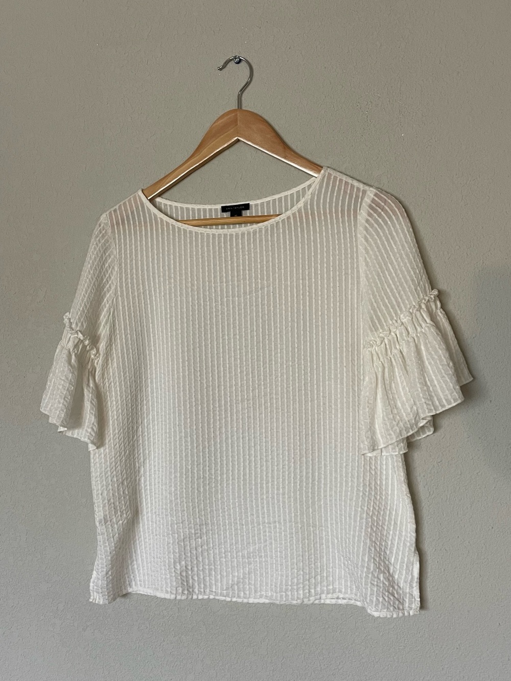 Ann Taylor Cream Textured Ruffle Bell Sleeve Blouse
